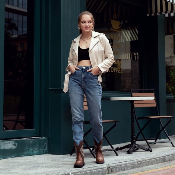 Hawkwell Women's Brown Fashion Mid Calf Round Toe Embroidered Western Boots - Picture 3 of 6